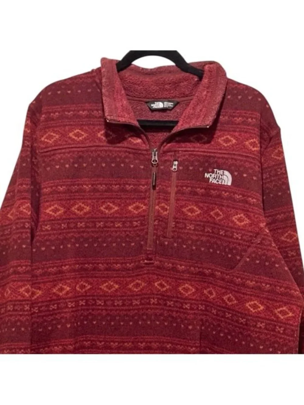 THE NORTH FACE sz XL 1/4 Zip Dark Red Aztec Sweater Knit Fleece Jacket Gorpcore